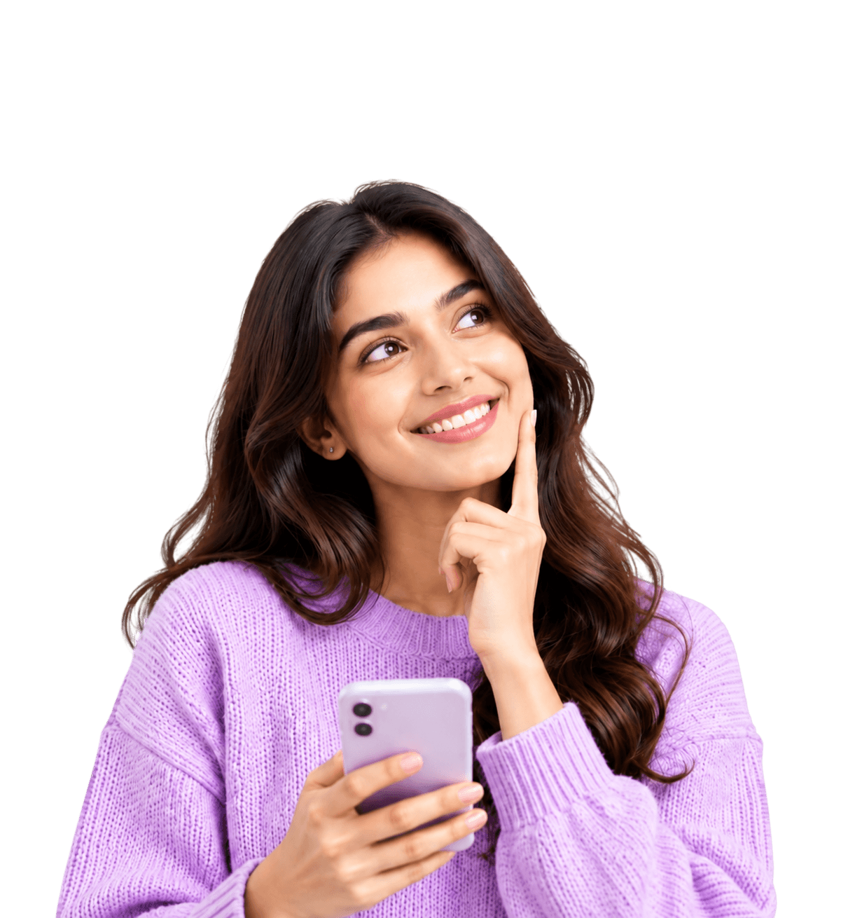 Smiling creator in a lavender sweater holding a smartphone